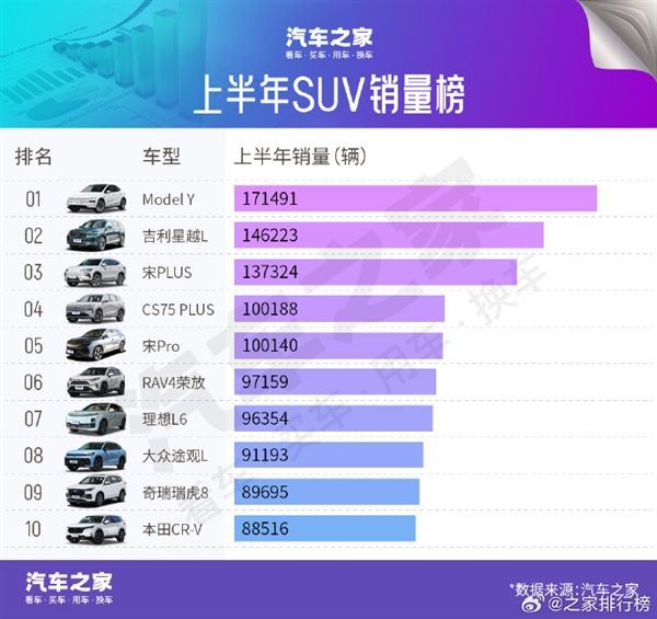 2025年上半年SUV中国销量TOP10出炉:特斯拉Model Y夺冠